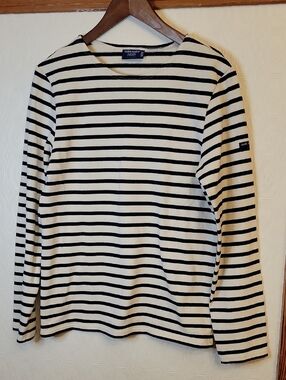 Saint James Cream and Navy Blue Striped Long-Sleeve Breton Shirt